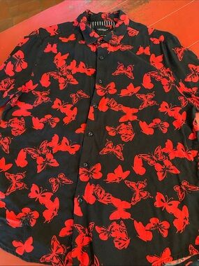 Cactus Man Men's Black Button-Down Shirt with Red Butterfly Print large